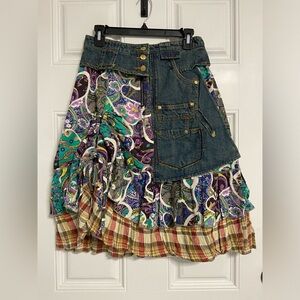 AMERICAN VINTAGE Festival Artsy Boho Floral Denim Patchwork A-Line Skirt